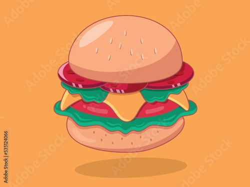 Vector cartoon cheese burger design illustration with border lines. Burger vector food icon illustration on yellow background