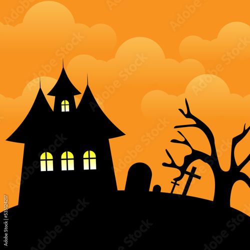 Halloween background design with haunted house illustration.Haunted Mansion - Spooky Haunted House Illustration.