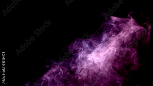 Scene glowing purple. violet smoke. Atmospheric smoke, abstract color background, close-up. Royalty high-quality stock of Vibrant colors spectrum. Purple. violet mist or smog moves on black background