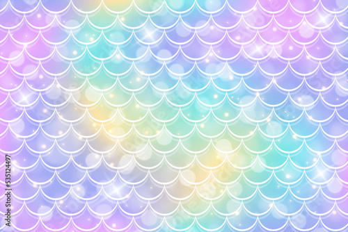 Mermaid holographic background with scale and stars. Iridescent glitter fish tail pattern. Kawaii vector texture.