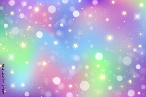 Rainbow unicorn background. Pastel gradient color sky with glitter and bokeh. Magic galaxy space and stars. Vector abstract pattern.