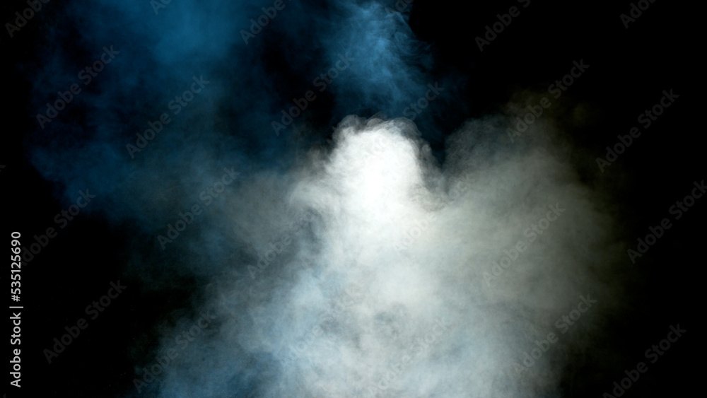 Scene glowing white, blue smoke. Atmospheric smoke, abstract color background, close-up. Royalty high-quality free stock of Vibrant colors spectrum white, blue mist or smog moves on black background