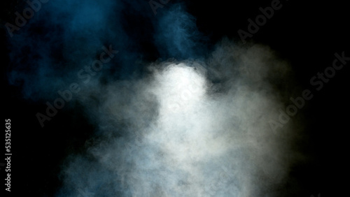 Scene glowing white, blue smoke. Atmospheric smoke, abstract color background, close-up. Royalty high-quality free stock of Vibrant colors spectrum white, blue mist or smog moves on black background