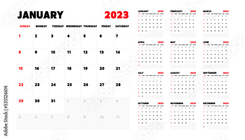 2023 Calendar. The week starts on Sunday. Annual calendar 2023 template. Calendar design in black and white colors, Sunday in red colors. Calendar planning week. vector
