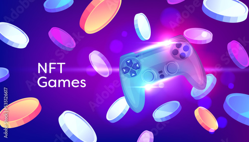 NFT Games Console. Game controller with Tokens crypto currency on purple background.