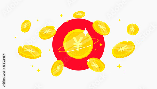 Digital Yen currency coins on Japan flag background. Central Bank Digital Currency (CBDC) concept banner background.