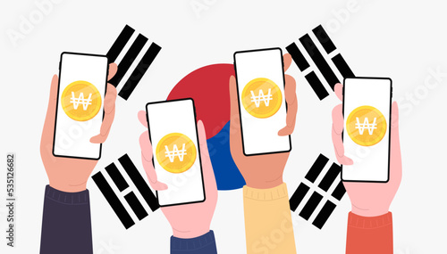 Digital Won currency coins on South Korea flag background. Central Bank Digital Currency (CBDC) concept banner background.