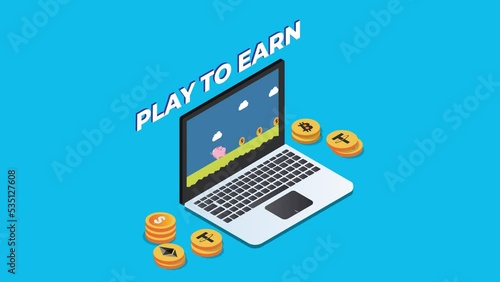 Laptop showing video game to earning money photo