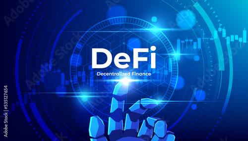 DeFi Decentralized Finance text with robot hand pointing for decentralized financial system, cryptocurrency, blockchain, and digital asset. vector