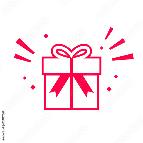 Simple gift box icon. Surprise red gift box, birthday celebration, special give away package, loyalty program reward, wonder gift with exclamation mark. vector
