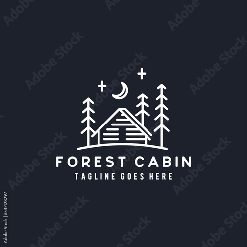 Traditional Forest Wooden House, Villa Log Cabin Cottage with Pine Evergreen Fir Trees for Adventure Outdoor Holiday Camp logo design