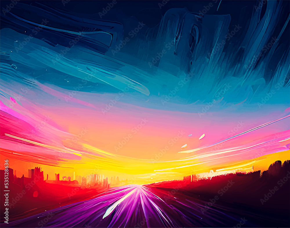 Sunset view in the middle of the road. Watercolor wallpaper design with paint brush and purple line art