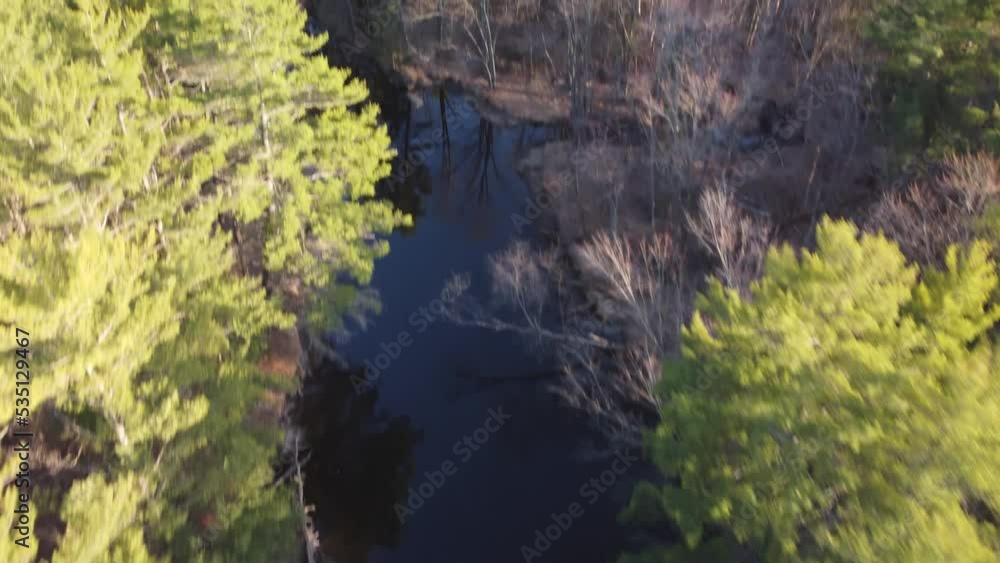 Top-down reveal drone river view surrounded by forest and trees at golden hour Highlands01 Top-down reveal drone river view surrounded by forest and trees at golden hour Highlands01