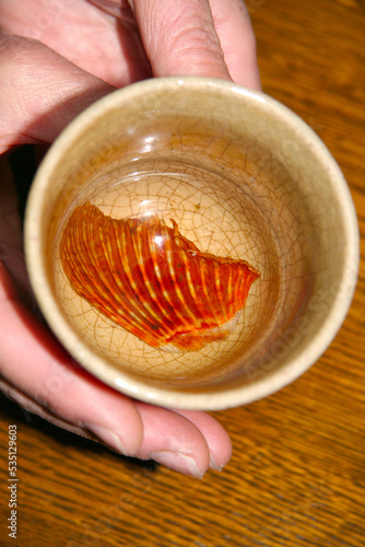 Hot Japanese sake with dried Devil stinger fin for tasty aroma, served in a tea bowl. photo