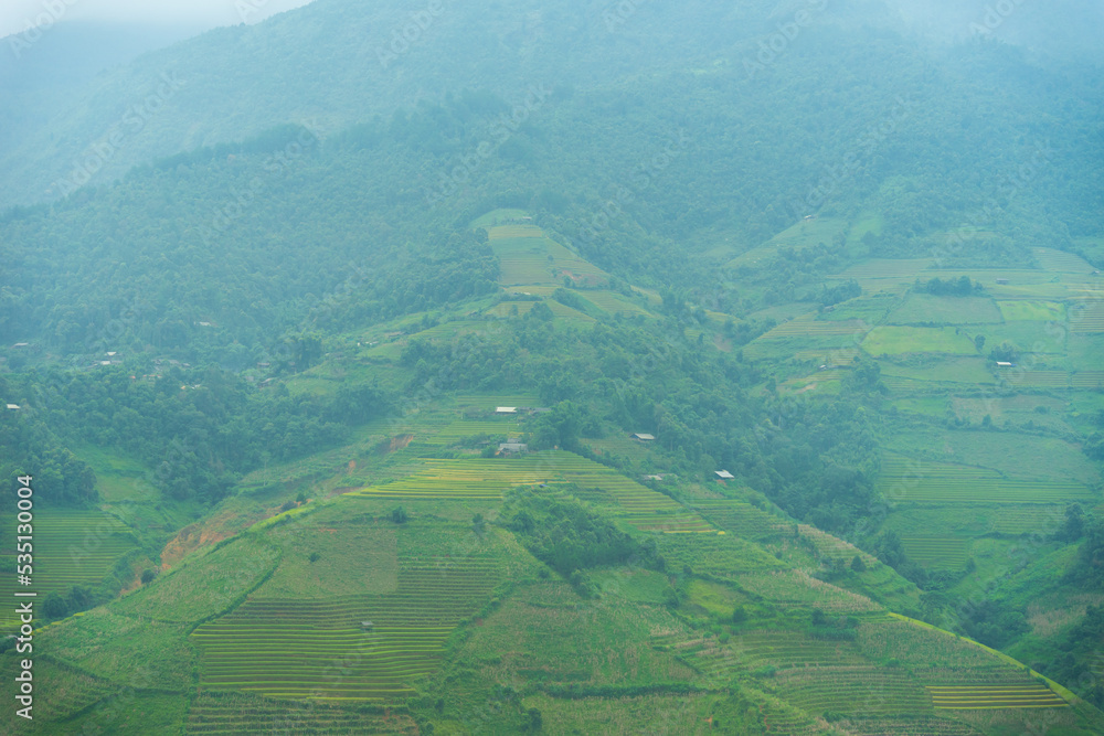 Aerial view of golden rice terraces at Mu cang chai town near Sapa city, north of Vietnam. Beautiful terraced rice field in harvest season in Yen Bai, Vietnam