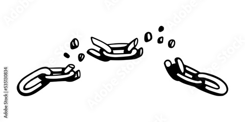 Broken chain with shatters as symbol of strength and freedom. Sketch of metal chains. Vector illustration isolated in white background
