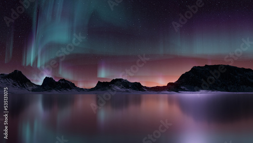 Green Aurora Lights over Winter Landscape. Majestic Northern Lights Wallpaper with copy-space.