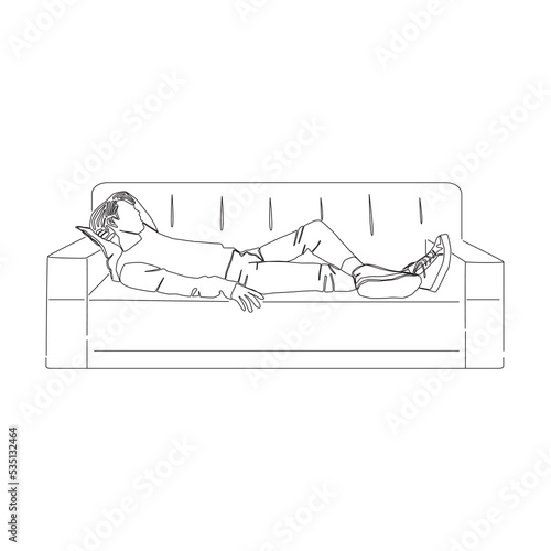Continuous line of man lying on a couch vector. Line art of man sleeping on sofa.