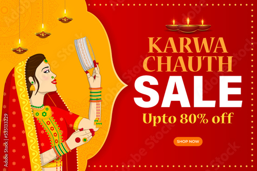 Vector illustration for Indian festival Karwa Chauth Sale banner offer template