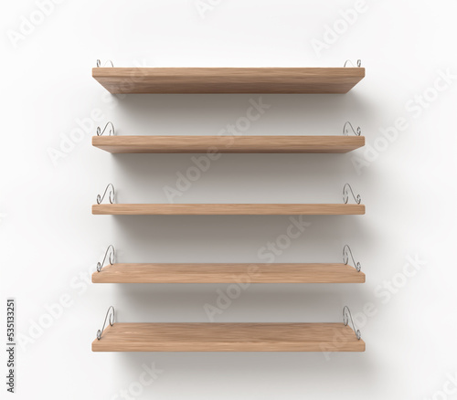 Wooden shelves with wrought iron monograms hanging on white wall. Blank racks or wood bookshelves of natural material. Interior design element for room decoration, home furniture