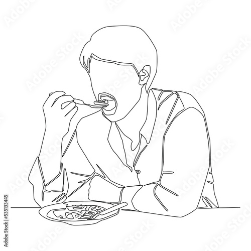 Continuous line of man opening his mouth to eat food vector.