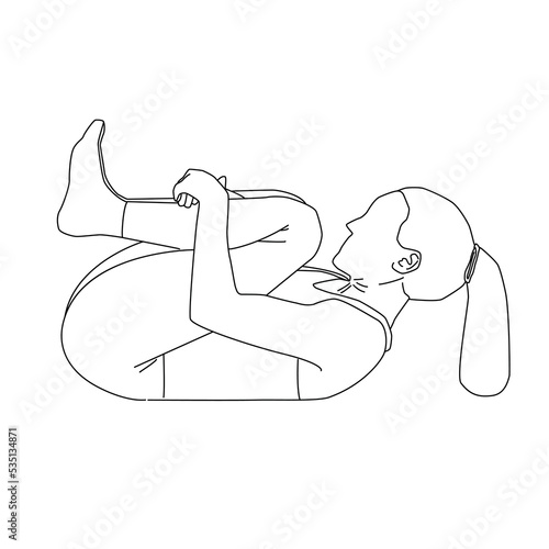 Line art vector of woman doing Yoga exercise in knees to chest pose and tucking the chin toward to chest.