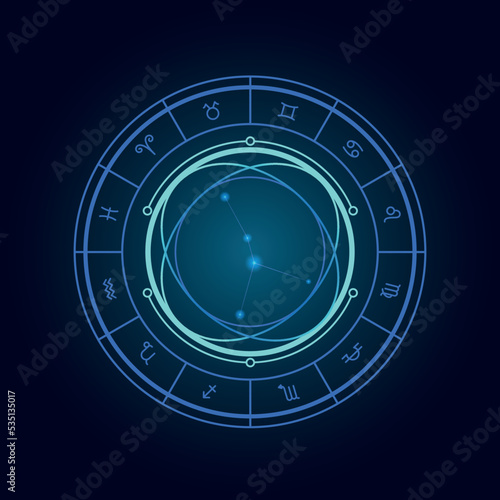 Magic wheel with cancer star sign and twelve signs of the zodiac in a dark background, astrology, esotericism. Astrology zodiac star signs magic circle