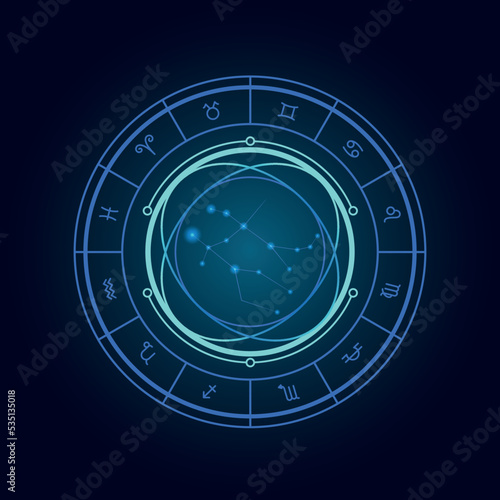 Magic wheel with gemini star sign and twelve signs of the zodiac in a dark background, astrology, esotericism. Astrology zodiac star signs magic circle