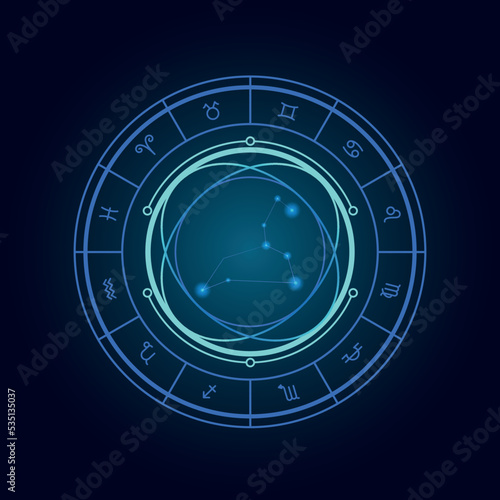 Magic wheel with leo star sign and twelve signs of the zodiac in a dark background, astrology, esotericism. Astrology zodiac star signs magic circle