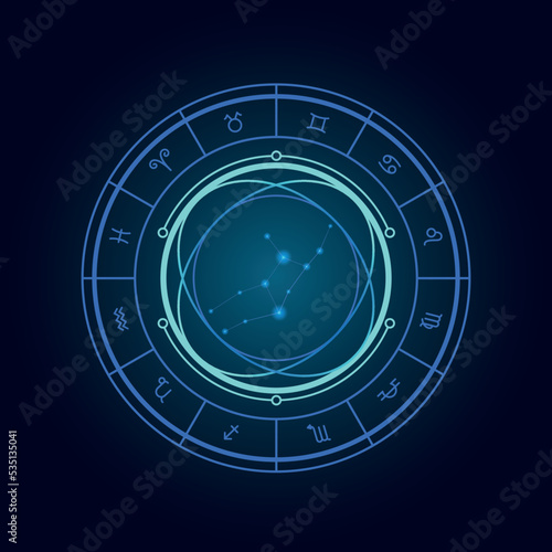 Magic wheel with virgo star sign and twelve signs of the zodiac in a dark background, astrology, esotericism. Astrology zodiac star signs magic circle
