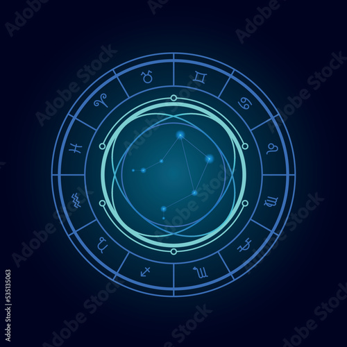 Magic wheel with libra star sign and twelve signs of the zodiac in a dark background, astrology, esotericism. Astrology zodiac star signs magic circle