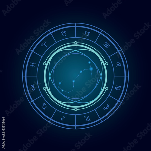 Magic wheel with scorpio star sign and twelve signs of the zodiac in a dark background, astrology, esotericism. Astrology zodiac star signs magic circle