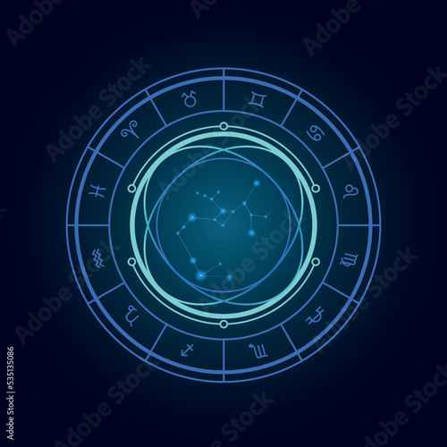 Magic wheel with sagittarius star sign and twelve signs of the zodiac in a dark background, astrology, esotericism. Astrology zodiac star signs magic circle