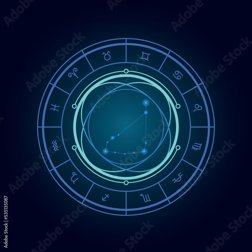 Magic wheel with capricorn star sign and twelve signs of the zodiac in a dark background, astrology, esotericism. Astrology zodiac star signs magic circle