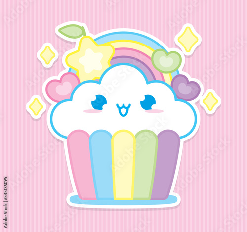 cute kawaii style cupcake that looks like cloud with rainbow and stars illustration vector