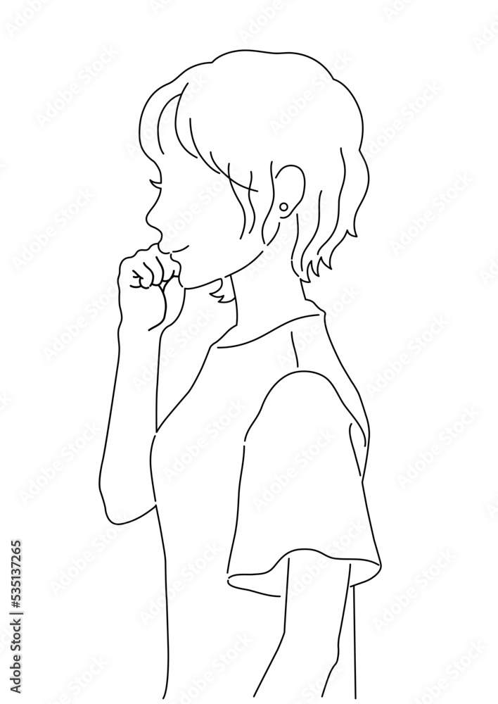 横を向いている女性の上半身イラスト【白黒・線画】