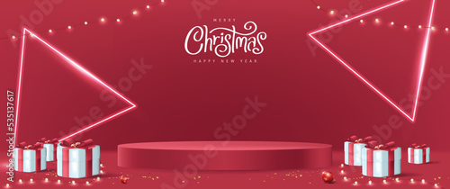 Merry Christmas banner with product display cylindrical shape and gift box red bow decoration red background