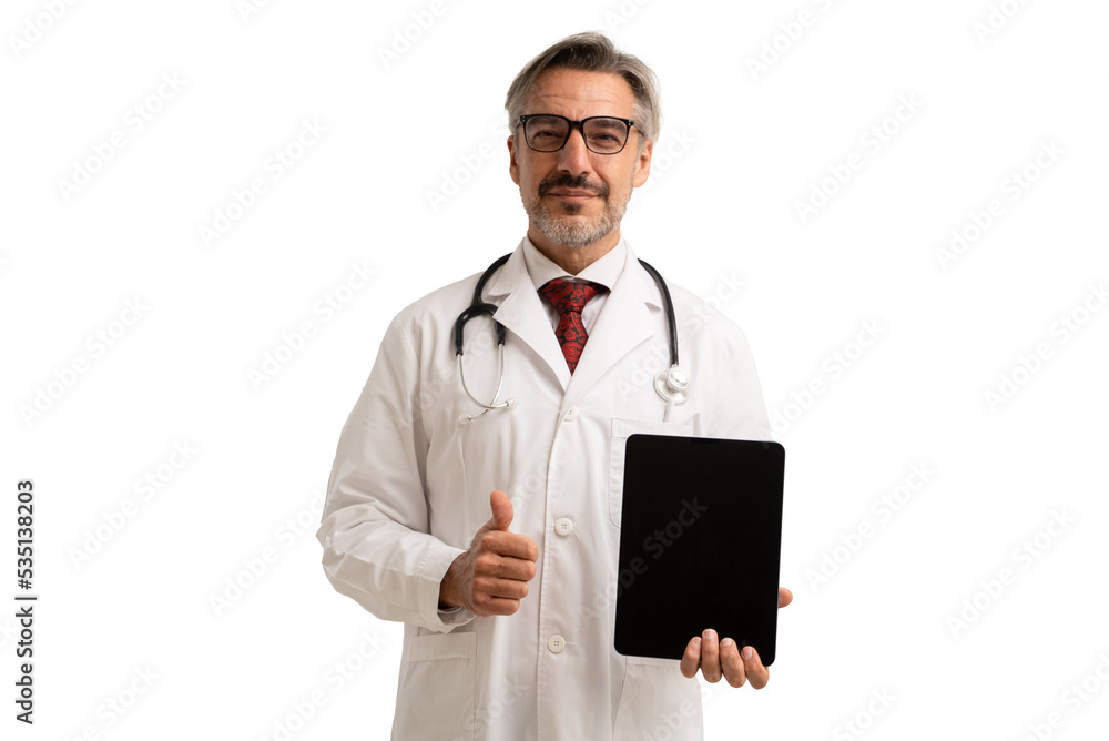 Portrait of senior doctor in doctor coat wearing stethoscope and eye glasses, Showing thumbs up and Digital Tablet Blank Screen. isolated on white background. Portrait of senior doctor in doctor coat wearing stethoscope and eye glasses, Showing thumbs up and Digital Tablet Blank Screen. isolated on white background.