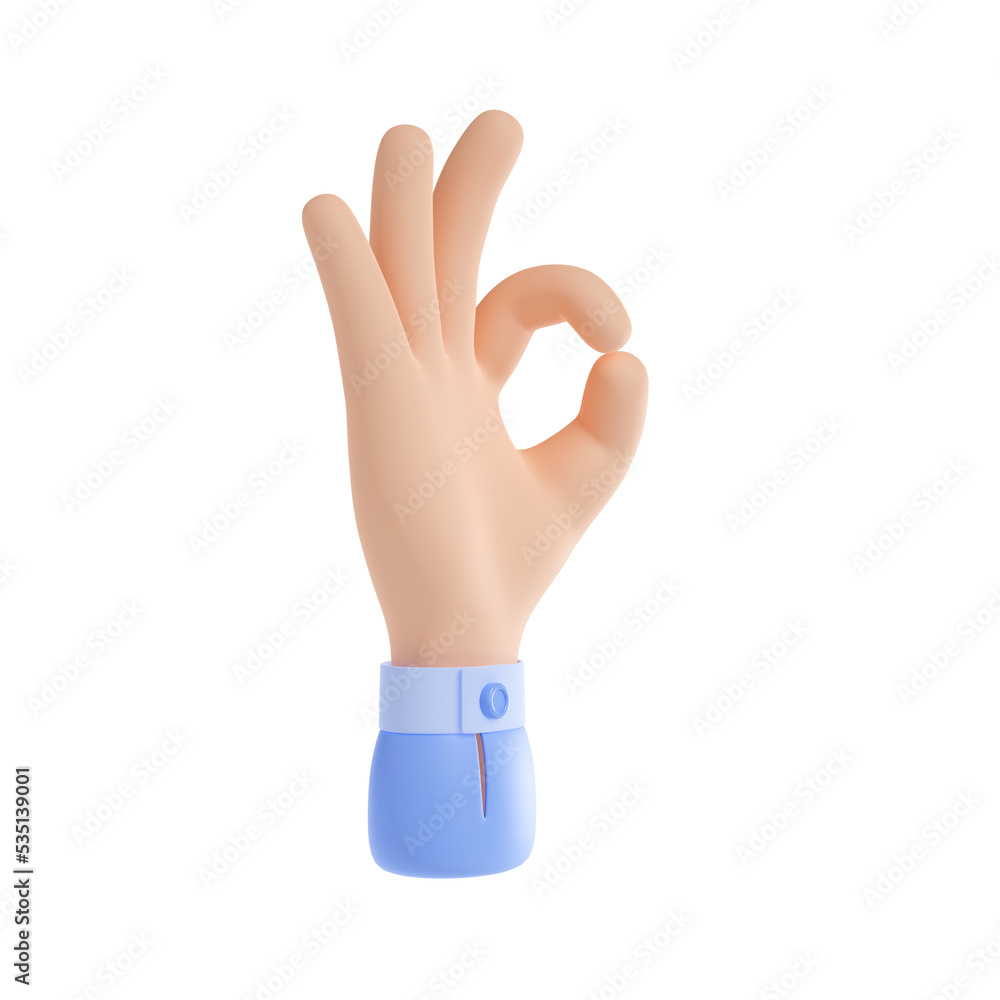 Hand gesture of ok sign. Icon with human arm with fingers showing zero, symbol of good, okay, perfect, yes and positive, 3d render illustration isolated on white background Hand gesture of ok sign. Icon with human arm with fingers showing zero, symbol of good, okay, perfect, yes and positive, 3d render illustration isolated on white background