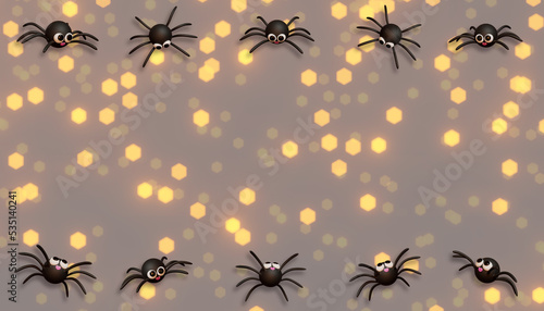 Halloween banner whit spider and bat. 3D Illustration. Above view over an orange banner background with copy space. © Alex Bernal