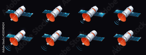 Isometric artificial satellite send radio telecommunication signal animation sprite sheet. Sputnik orbiting the Earth planet amplifying Gps or 5g wireless world global network technology Vector set