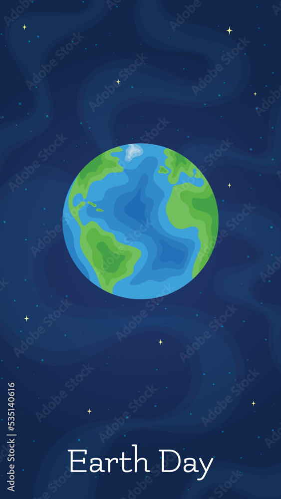 International Earth Day environment protection banner. Flat style planet Earth on vertical space blue background for world ecology, green energy and global recycling projects