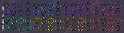 Neon avatar frames, futuristic glowing ski-fi borders, space hud round technology isolated tech portals for game, ui graphic design elements for virtual reality, gamer panel or dashboard, Vector set