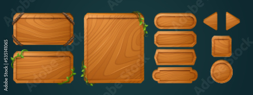 Wooden game buttons, menu interface made of wood textured boards with ropes and vines. ui or gui graphic design elements. Isolated arrows, bars and keys for app user panel, Cartoon 2d vector icons set