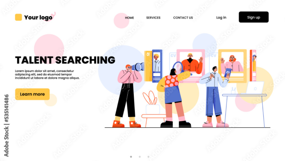 Talent searching landing page. Hr team research workers, recruitment concept with business people choose best candidate for job. Hiring and human resource agency, Line art flat vector web banner Talent searching landing page. Hr team research workers, recruitment concept with business people choose best candidate for job. Hiring and human resource agency, Line art flat vector web banner
