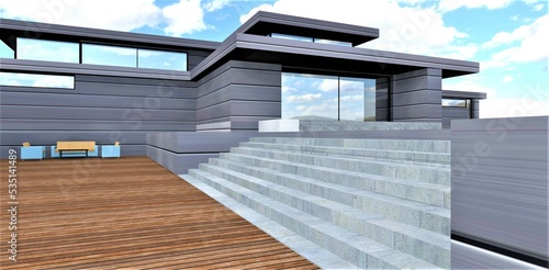 A stylish staircase with wide concrete steps adjoins a wooden deck below. Upstairs is the porch of an advanced eco-friendly home with metal trim. 3d rendering. photo
