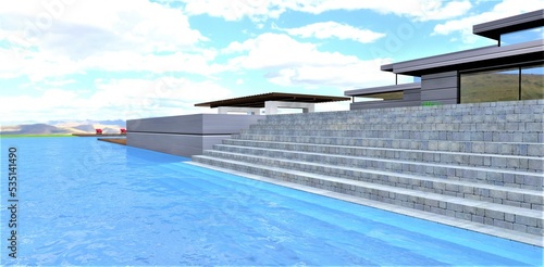 A swimming pool extending into the distance on the roof of a stylish hotel in the mountains. The steps of the concrete staircase are visible under the blue transparent water. 3d rendering. © Oleksandr