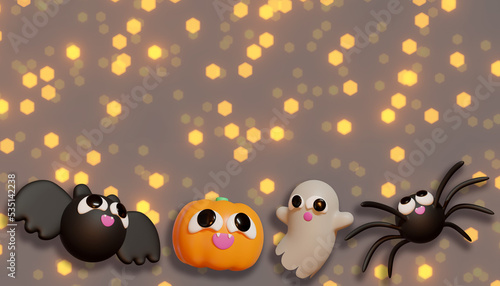 Halloween banner whit pumpkin  spider  and bat. 3D Illustration. Above view over an orange banner background with copy space.