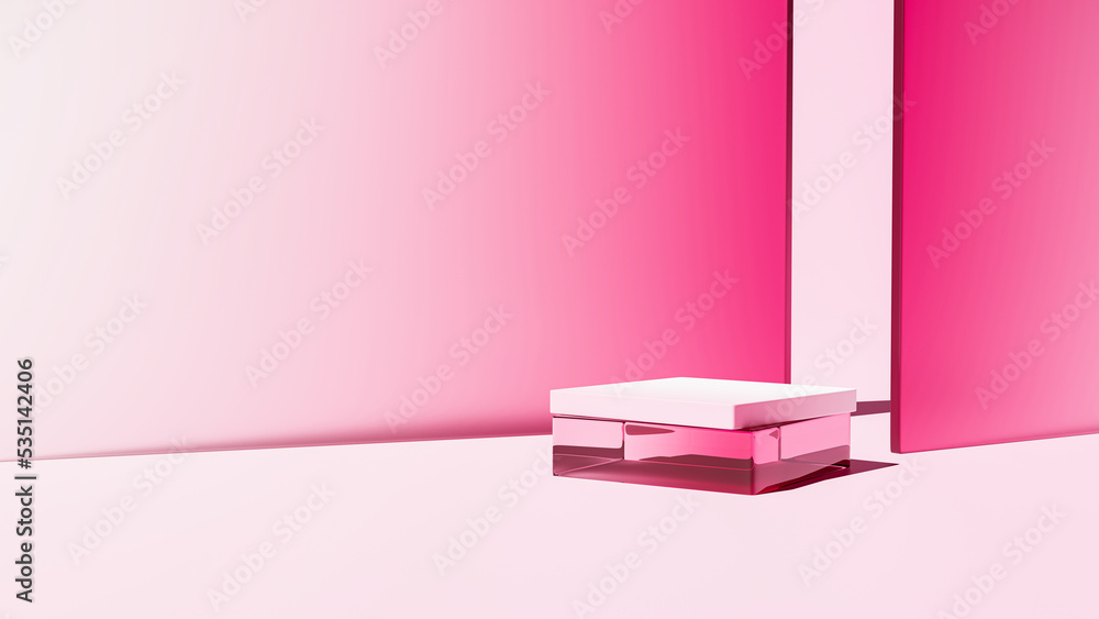 Fototapeta premium 3D rendering Podium . Pink display stand, glass base .Pink back ground for cosmetic products
