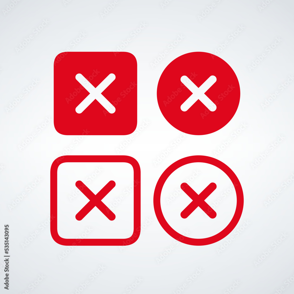 Red delete, Cancel, Close, Remove icon set in circle and square. Stock vector illustration isolated on white background. Red delete, Cancel, Close, Remove icon set in circle and square. Stock vector illustration isolated on white background.